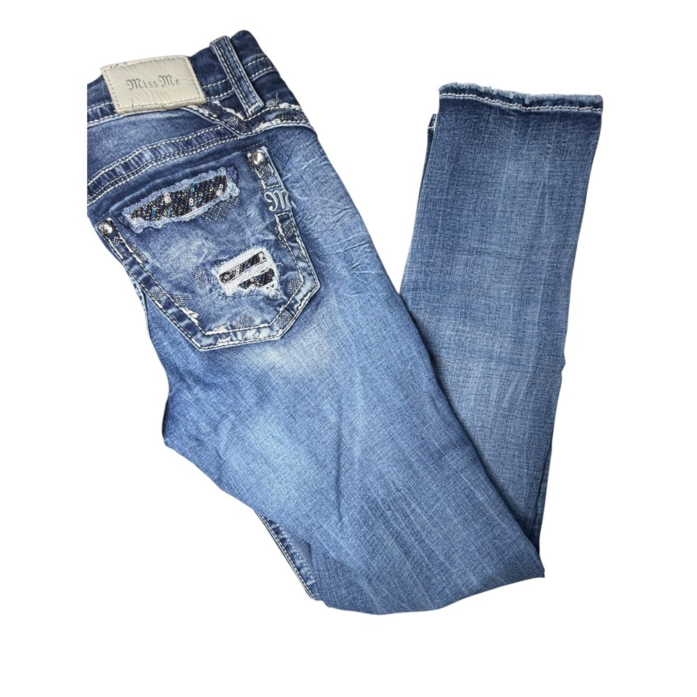 Miss Me Curvy Skinny Jeans Womens 31 Medium Wash Distressed Sequined 3714VS2R